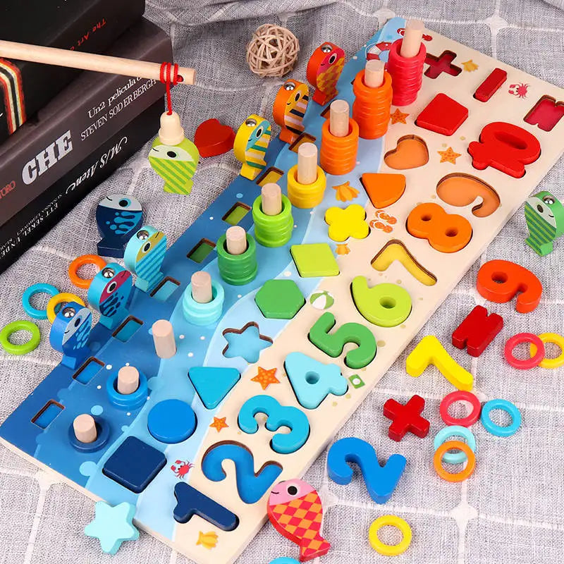 3D Preschool Children Educational Toys Wooden Montessori Arithmetic Magnetic Fishing Digital Shape Matching Building Block Toys